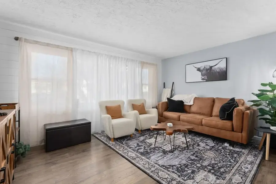 Living room with leather sofa and patterned rug