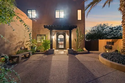 Elegant front entrance at twilight