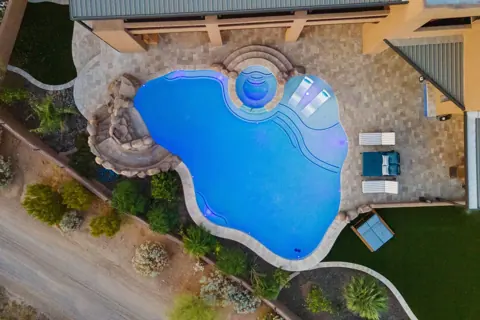 Overhead view of the pool and spa