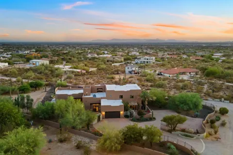 Aerial neighborhood view at sunset