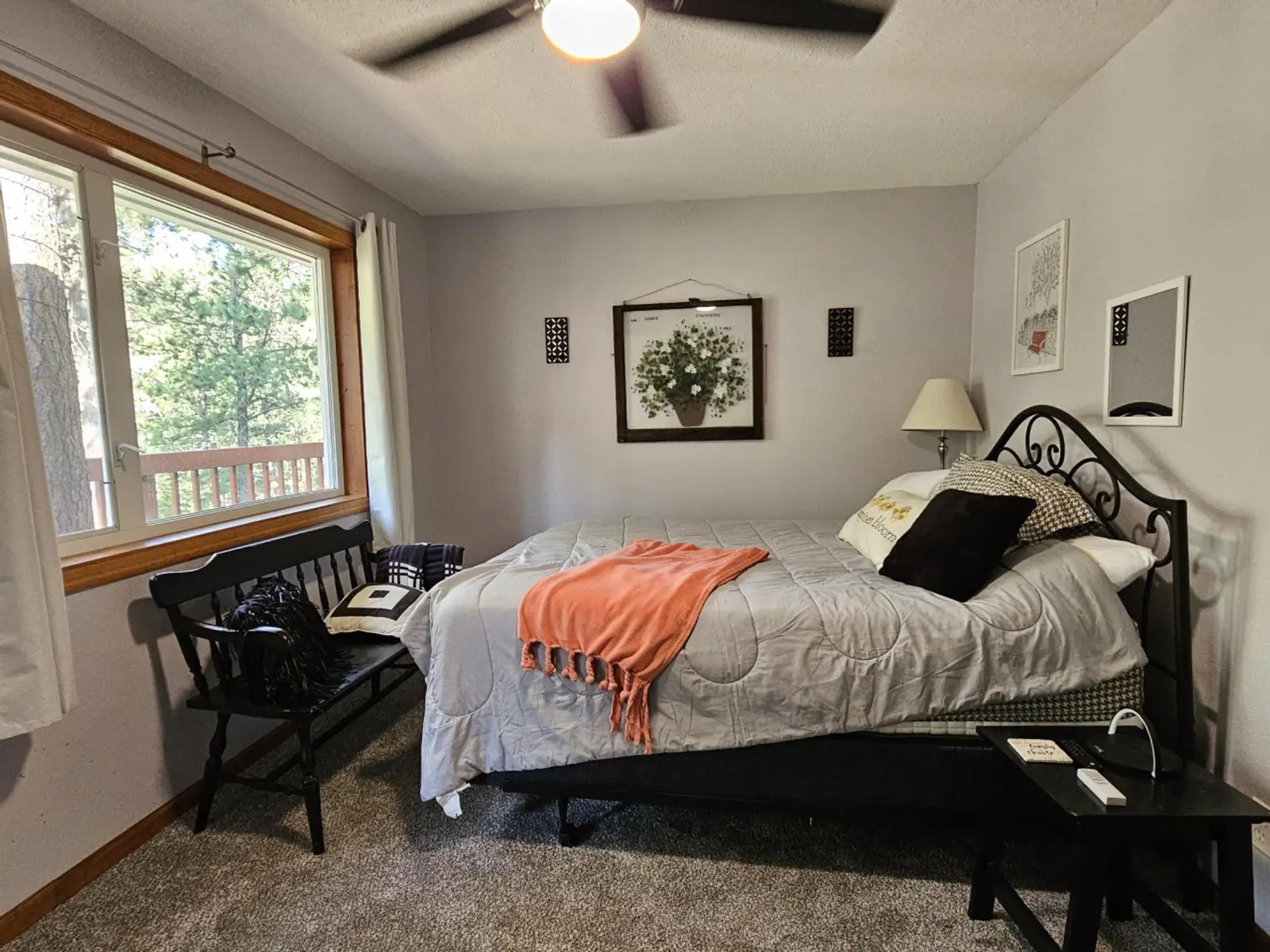 Studio with a queen bed, a ceiling fan, and windows to the pines