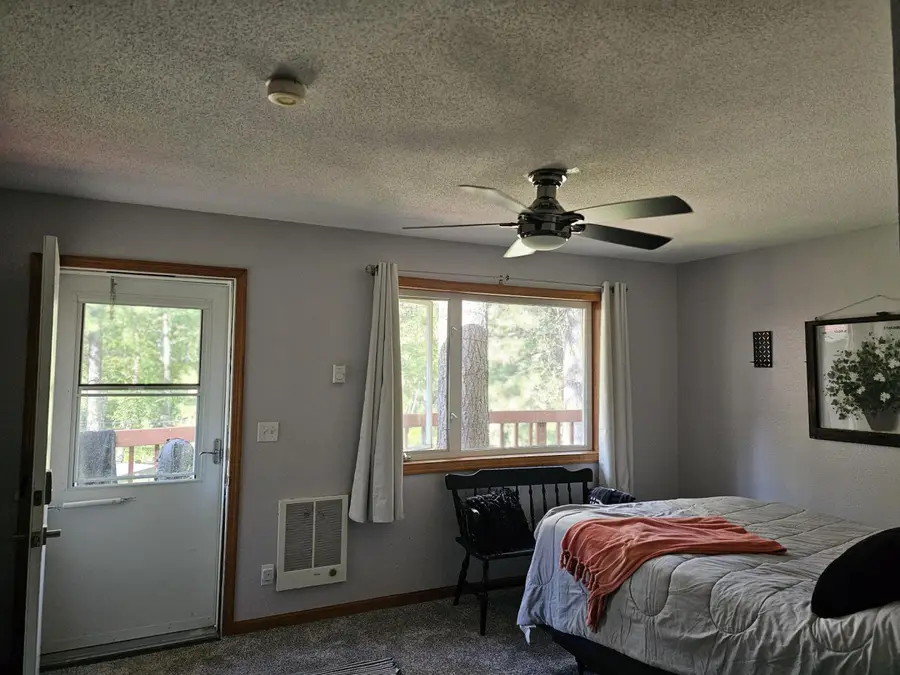 The studio’s door and windows open to the pines, with the queen bed under a ceiling fan